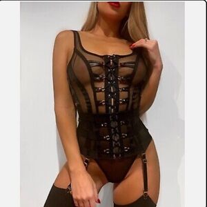 RARE Honey Birdette ALINA Black & Gold Bodysuit